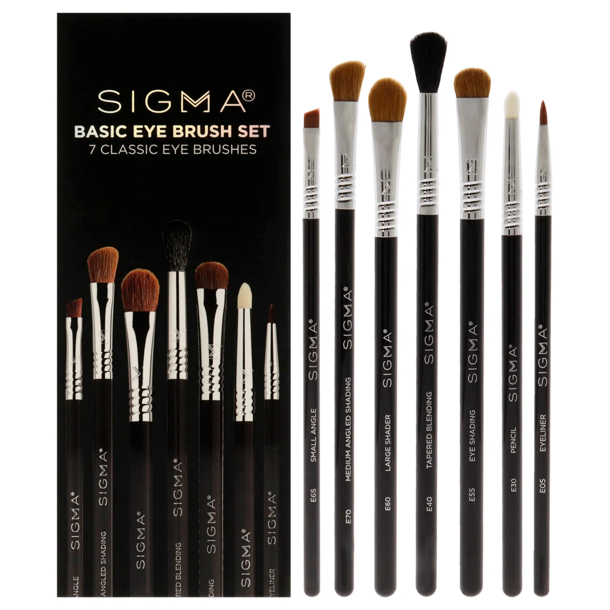SIGMA Basic Eyes Brush Set by SIGMA for Women - 7 Pc E05 - Eyeliner Brush. E30 - Pencil Brush. E40 - Tapered Blending Brush. E55 - Eye Shading Brush. E60 - Large Shader Brush. E65 - Small Angle Brush. E70 - Medium Angled Shading Brush